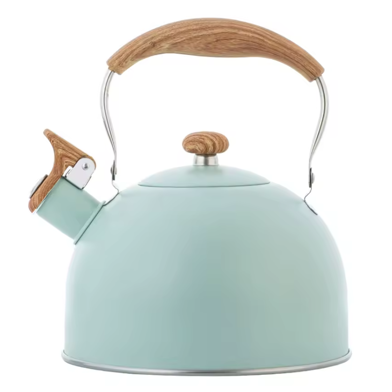Blue Vintage Whistling Kettle with a wood-effect handle and whistle spout, on a white background