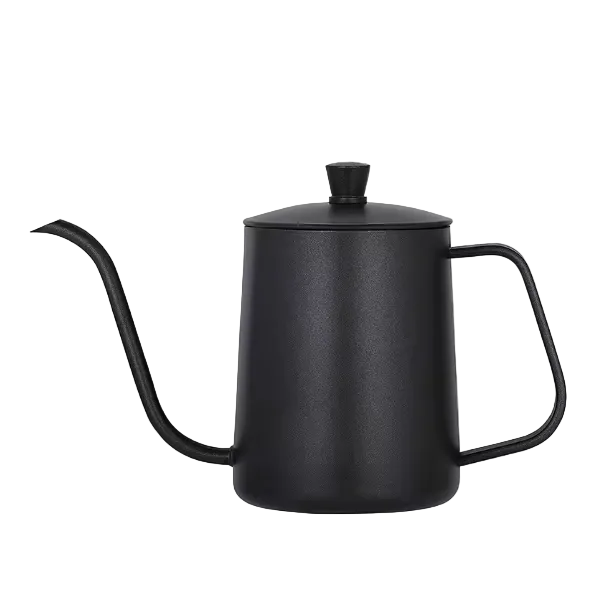 Black Gooseneck Pour-Over Kettle with a long thin spout and lid, on a white background