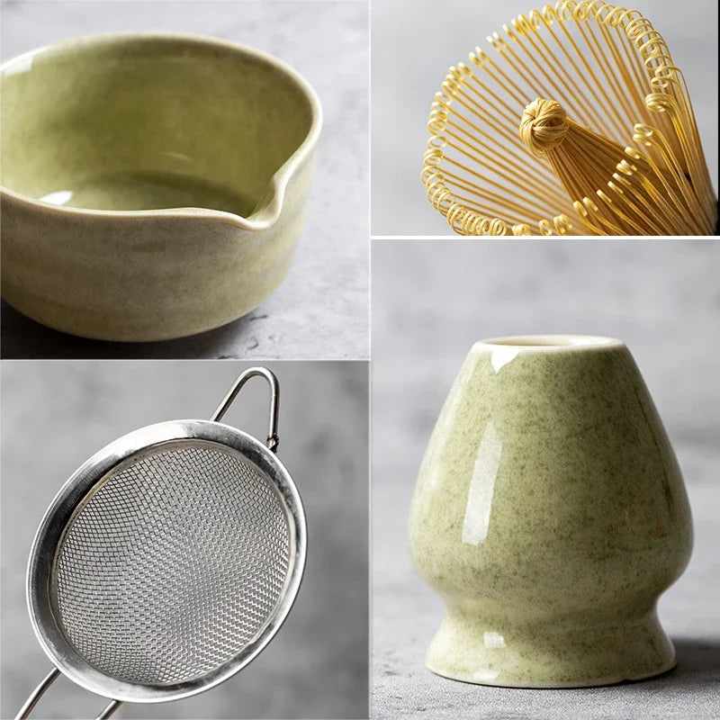 Details of the matcha set: the bowl's pouring lip, the bamboo whisk tines, the fine steel sieve and the glazed whisk holder