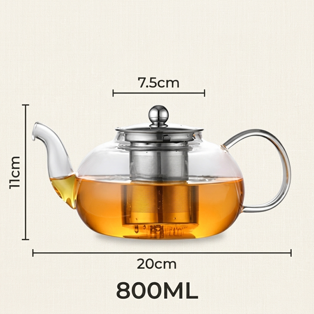 Size of the 800 ml glass teapot: about 11 cm tall, 20 cm wide from spout to handle, with a 7.5 cm lid