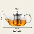 Size of the 800 ml glass teapot: about 11 cm tall, 20 cm wide from spout to handle, with a 7.5 cm lid