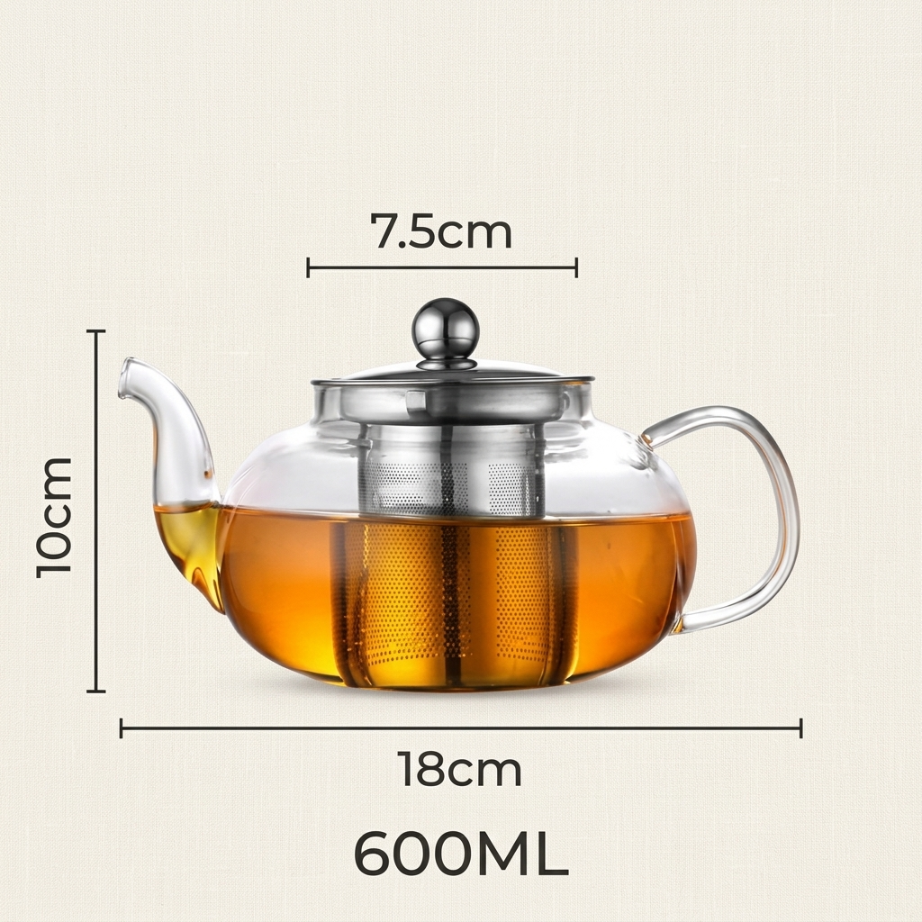 Size of the 600 ml glass teapot: about 10 cm tall, 18 cm wide from spout to handle, with a 7.5 cm lid