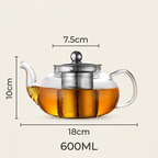 Size of the 600 ml glass teapot: about 10 cm tall, 18 cm wide from spout to handle, with a 7.5 cm lid