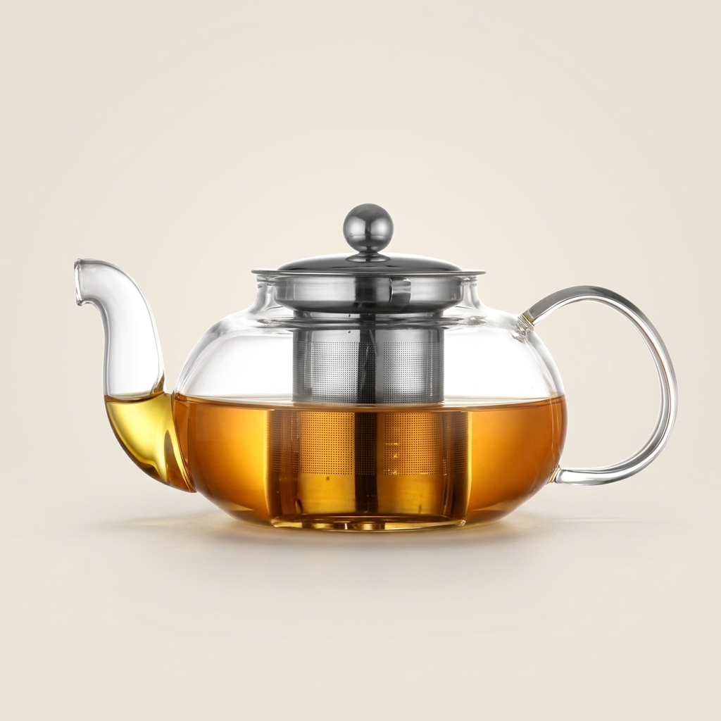 Wide glass teapot with a stainless steel lid and mesh infuser, filled with amber tea, on a warm beige background