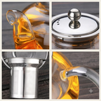 Details of the glass teapot: the spout as it pours, the steel lid with its round knob, the fine mesh infuser and the glass handle
