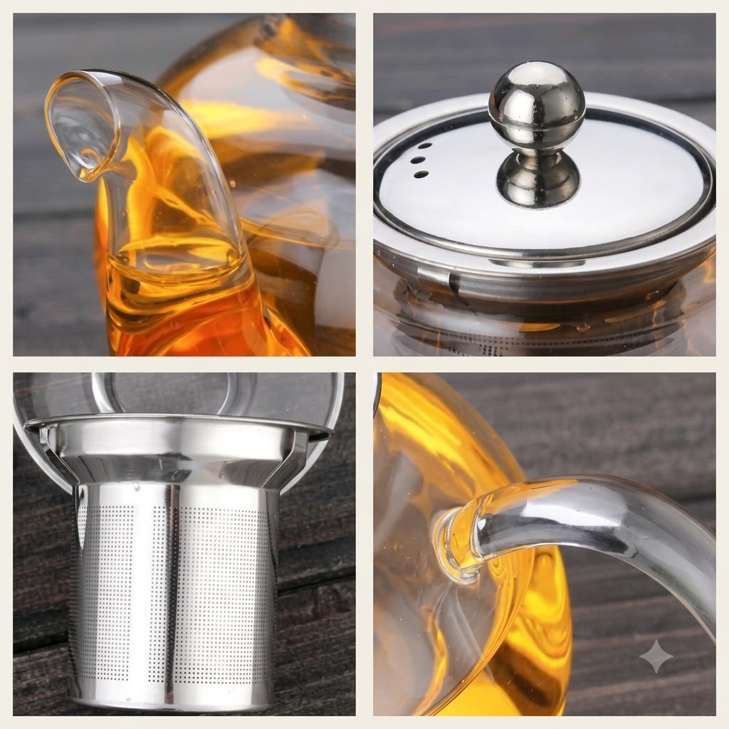 Details of the glass teapot: the spout as it pours, the steel lid with its round knob, the fine mesh infuser and the glass handle