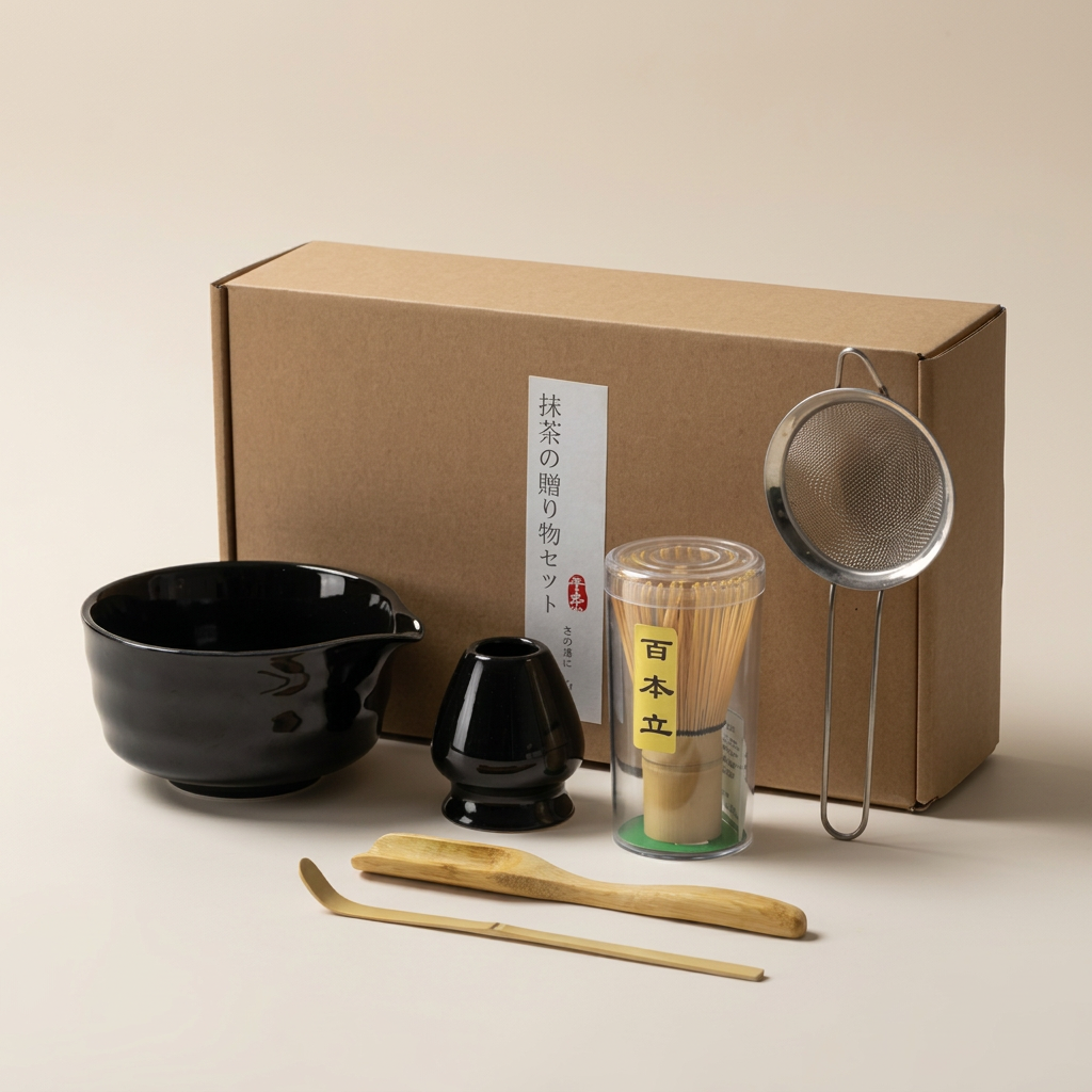 Black matcha gift set on a warm beige background: glossy black bowl and whisk holder, bamboo tools, steel sieve and kraft box