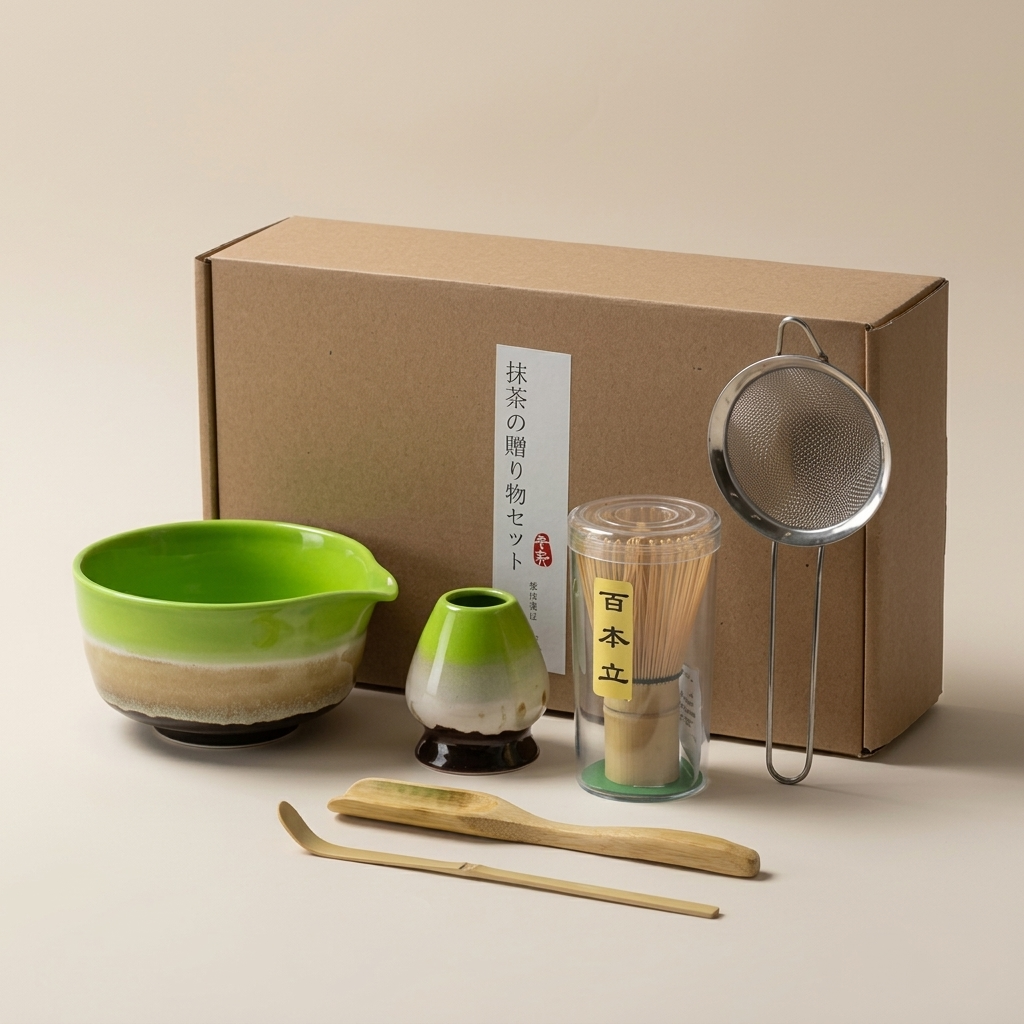 Matcha green gift set on a warm beige background: bright green and cream bowl and whisk holder, bamboo tools, steel sieve and kraft box