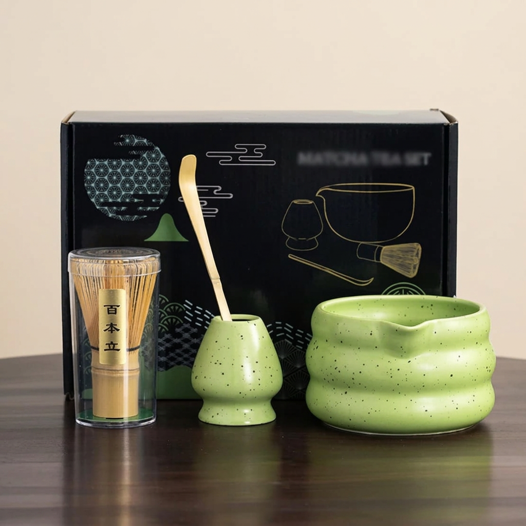 Green matcha set: speckled wavy bowl, whisk holder, bamboo whisk in its case and bamboo scoop, in front of its gift box