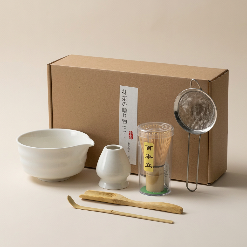White matcha gift set on a warm beige background: white bowl and whisk holder, bamboo tools, steel sieve and kraft box