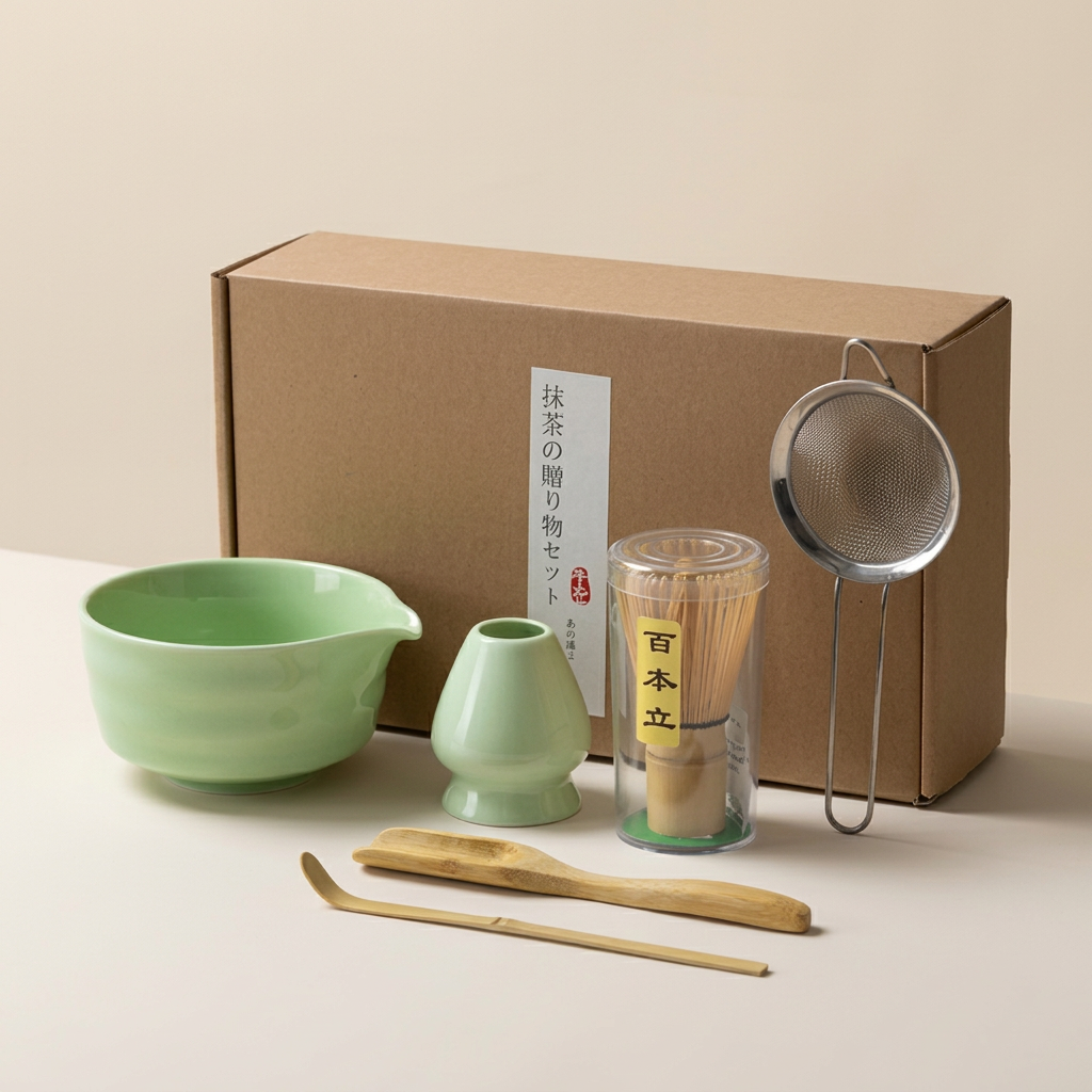 Mint matcha gift set on a warm beige background: pale green bowl and whisk holder, bamboo tools, steel sieve and kraft box