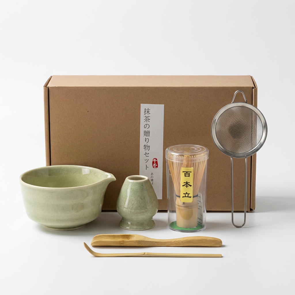 Sage matcha gift set on a light background: bowl, whisk holder, bamboo whisk, scoop and spoon, steel sieve and kraft box