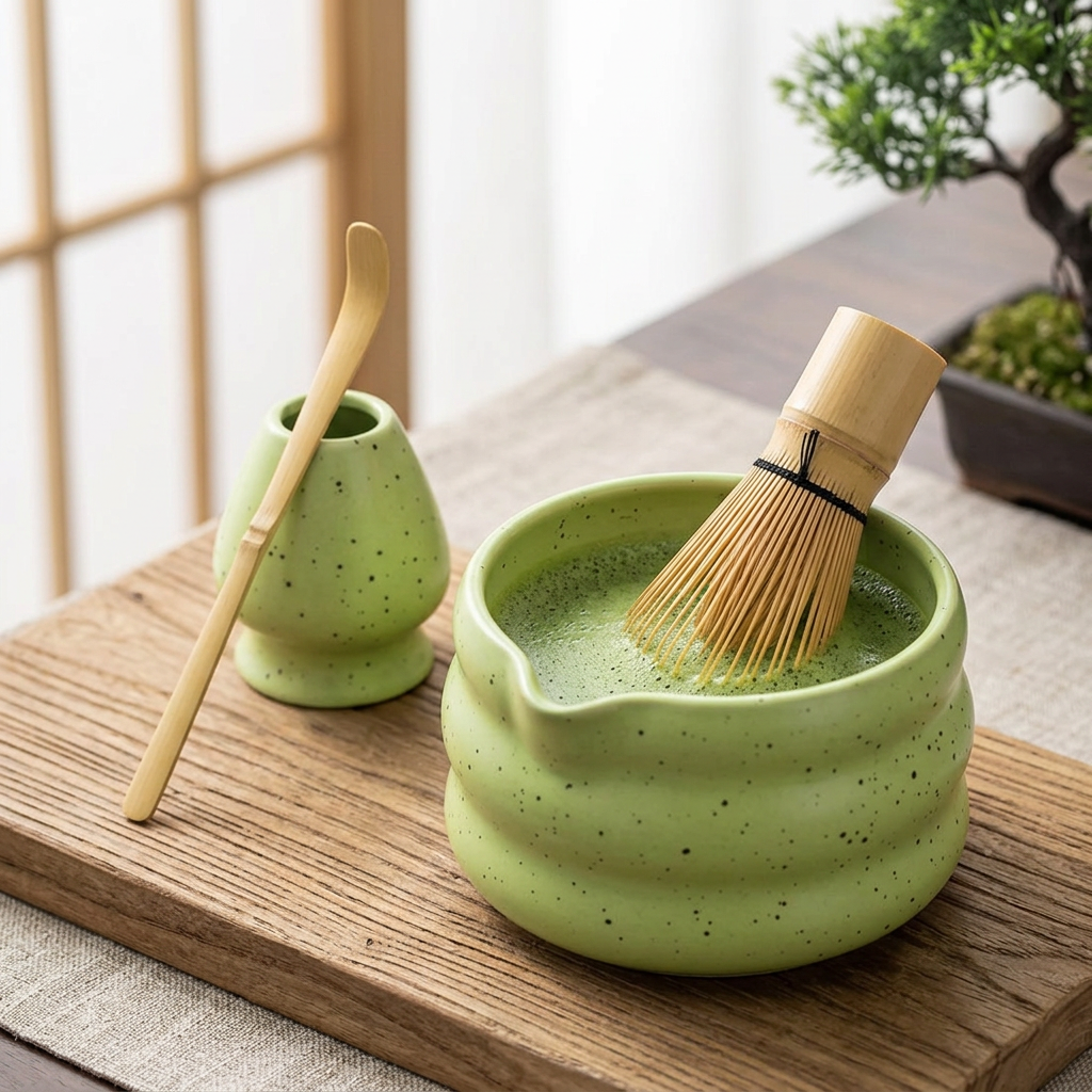 Green matcha bowl with a bamboo whisk and whisk holder on a wooden tray by a paper screen window