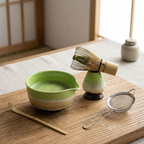 Matcha green set on a wooden table by a paper screen window, with the bowl, whisk on its holder, sieve and bamboo scoop