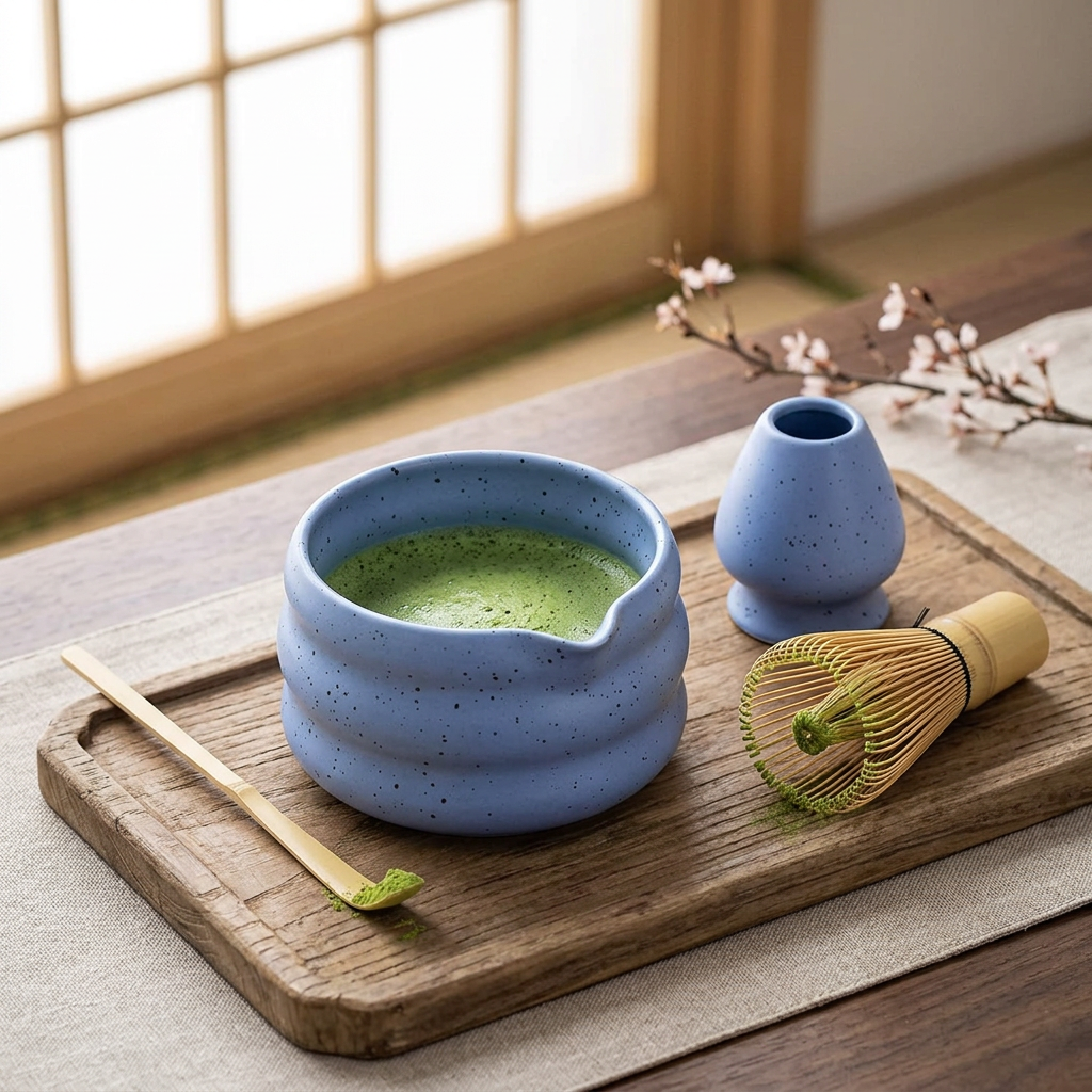 Blue matcha bowl of frothy matcha on a wooden tray by a window, beside the whisk and its holder