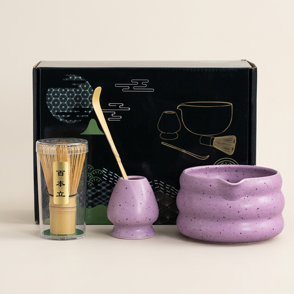 Purple matcha set on a warm beige background: speckled wavy bowl, whisk holder, bamboo whisk in its case and bamboo scoop, in front of its gift box