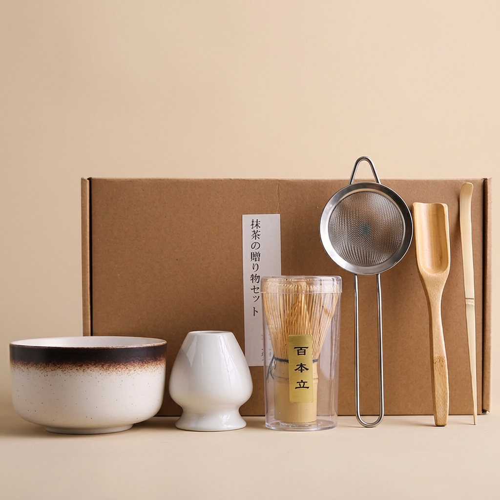 White and umber matcha set on a warm beige background: white bowl with a brown rim, white whisk holder, bamboo tools, steel sieve and kraft box