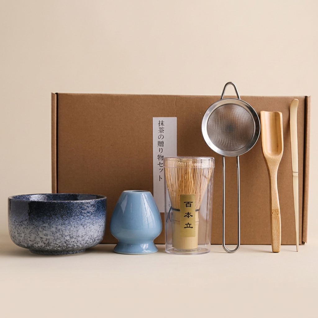 Blue speckle matcha set on a warm beige background: speckled blue bowl, pale blue whisk holder, bamboo tools, steel sieve and kraft box