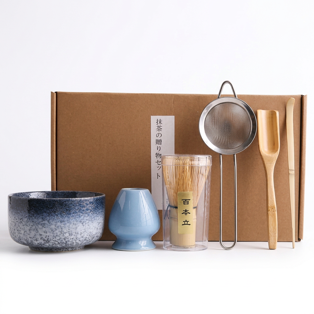 Blue speckle matcha set on a white background: bowl, whisk holder, bamboo whisk in its case, sieve, scoop and spoon, with the kraft box