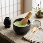 Black stone bowl of frothy matcha on a stone tray, beside the whisk on its black holder, the sieve and bamboo tools