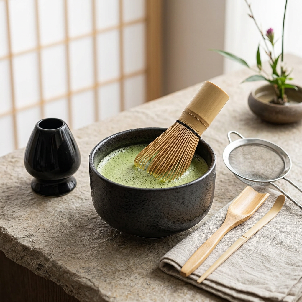 Black stone bowl of frothy matcha on a stone tray, beside the whisk on its black holder, the sieve and bamboo tools