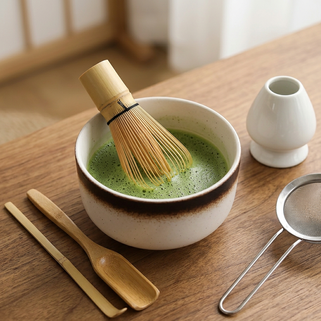 White and umber bowl of frothy matcha on a wooden table, with the bamboo whisk, scoop, sieve and white whisk holder