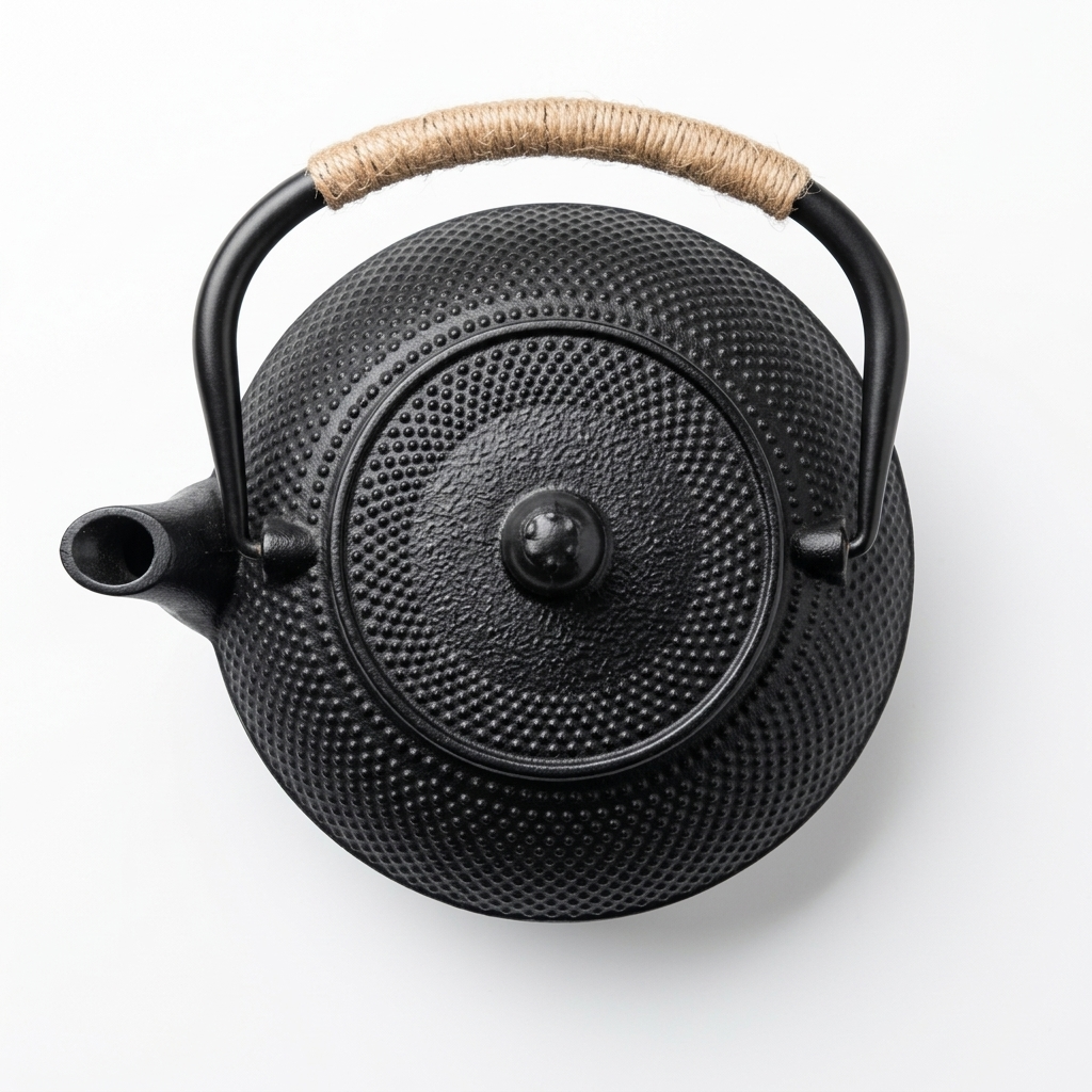 Hobnail cast iron teapot seen from above, showing the lid and its round knob