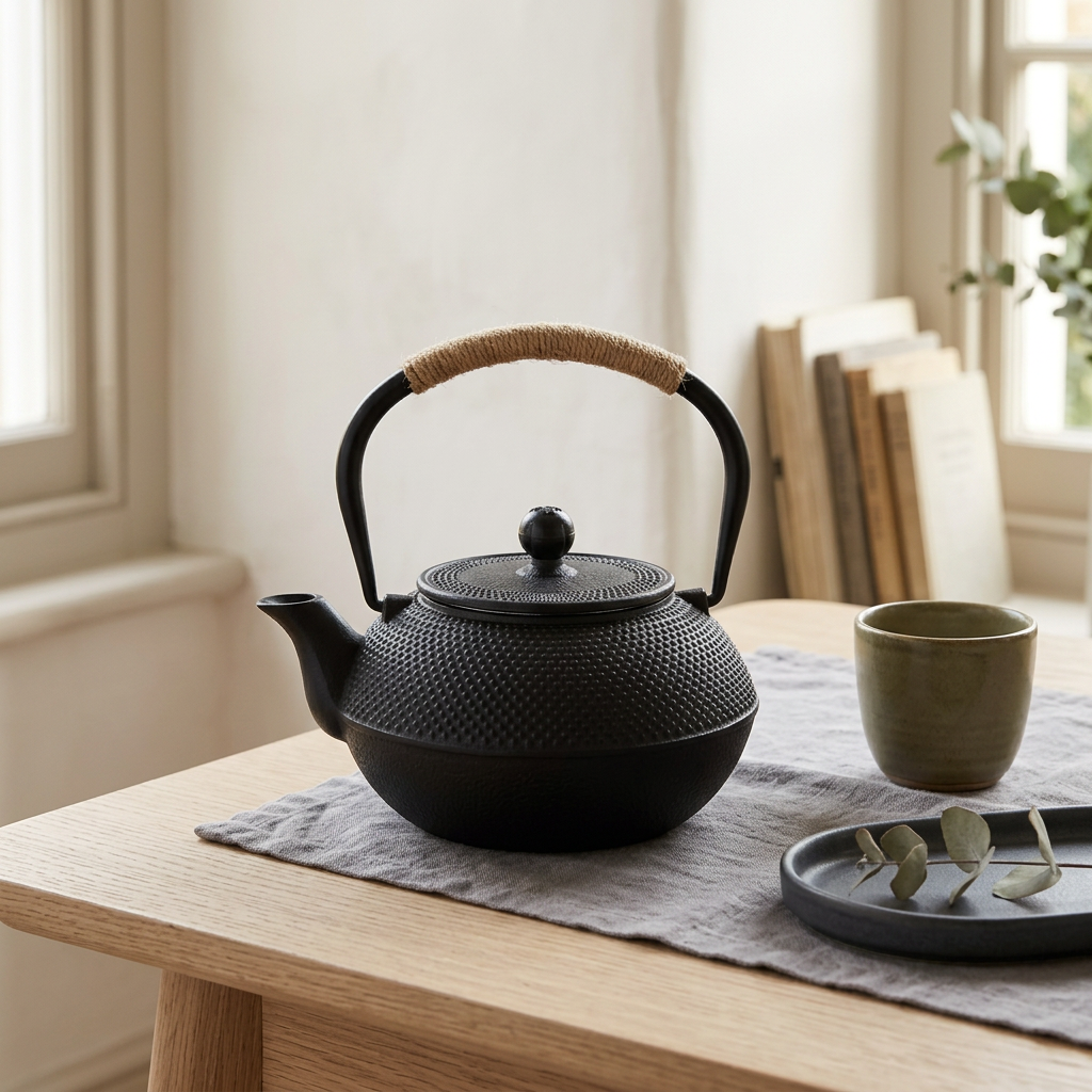 Black cast iron teapot on a wooden table in a calm home setting, in soft natural light
