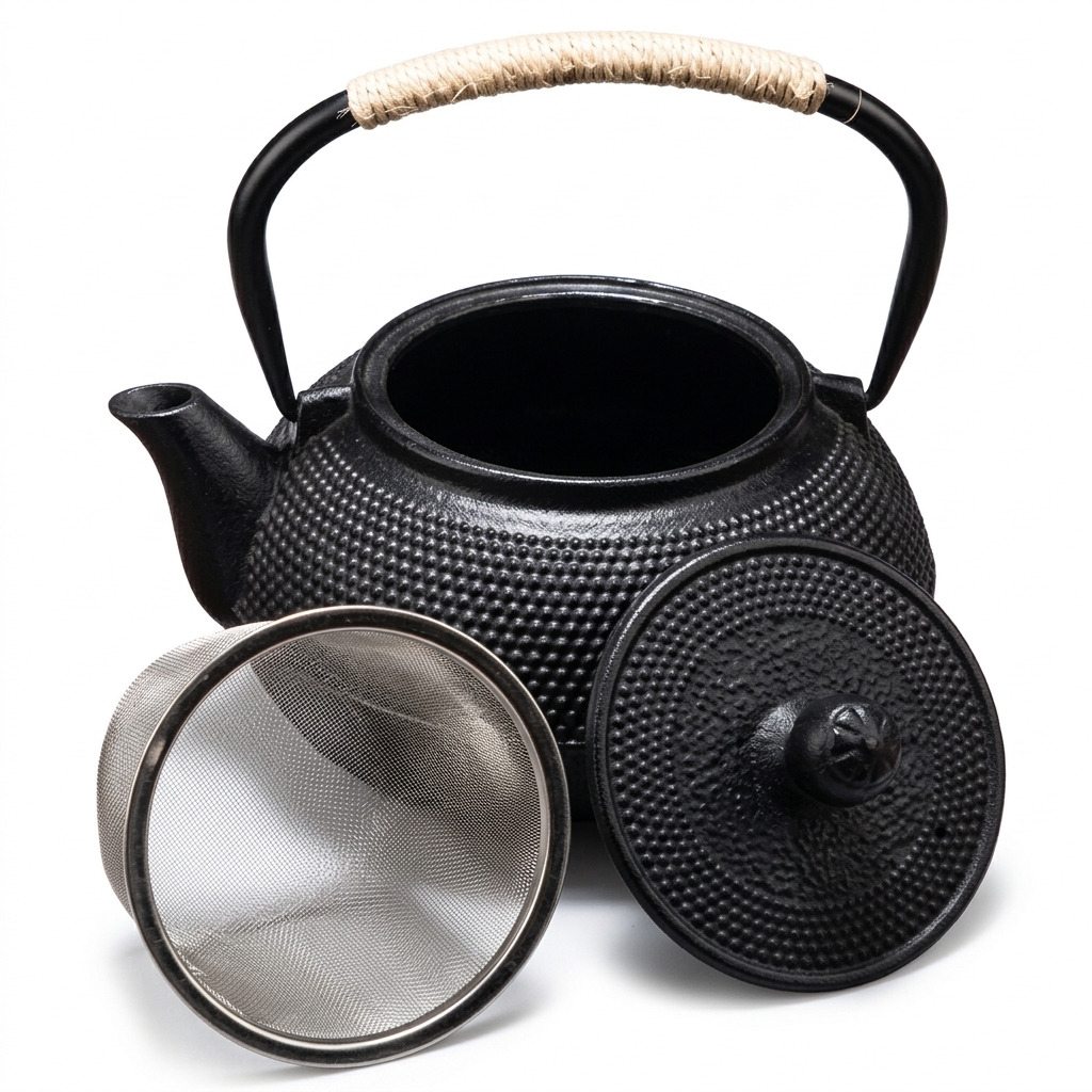 Black cast iron teapot with the lid removed and its stainless steel mesh infuser beside it