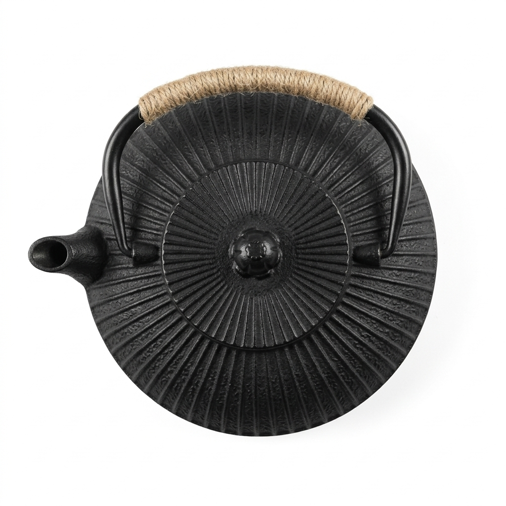 Black flat cast iron teapot seen from above, showing the ribbed lid radiating from the knob