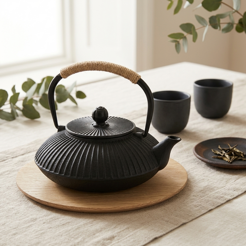 Black flat cast iron teapot on a wooden board, beside two small cups on a light table