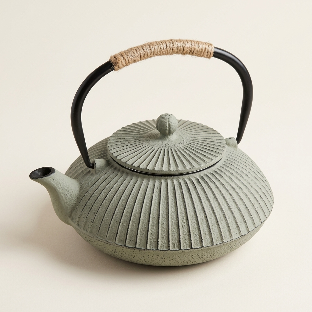 Flat cast iron teapot in grey, with a ribbed body and cord-wrapped handle