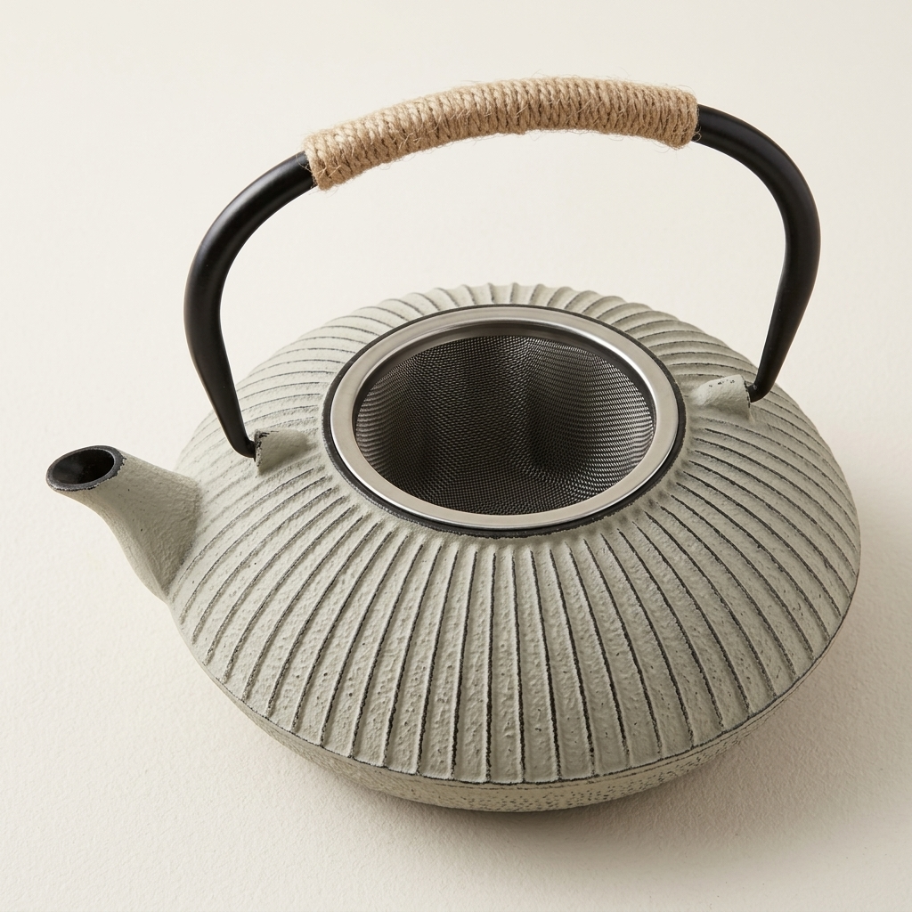 Grey flat cast iron teapot with the lid removed, showing the infuser inside