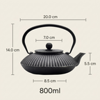 Flat cast iron teapot dimensions: 20 cm wide, 14 cm high, 7 cm opening, 8.5 cm base, 800 ml