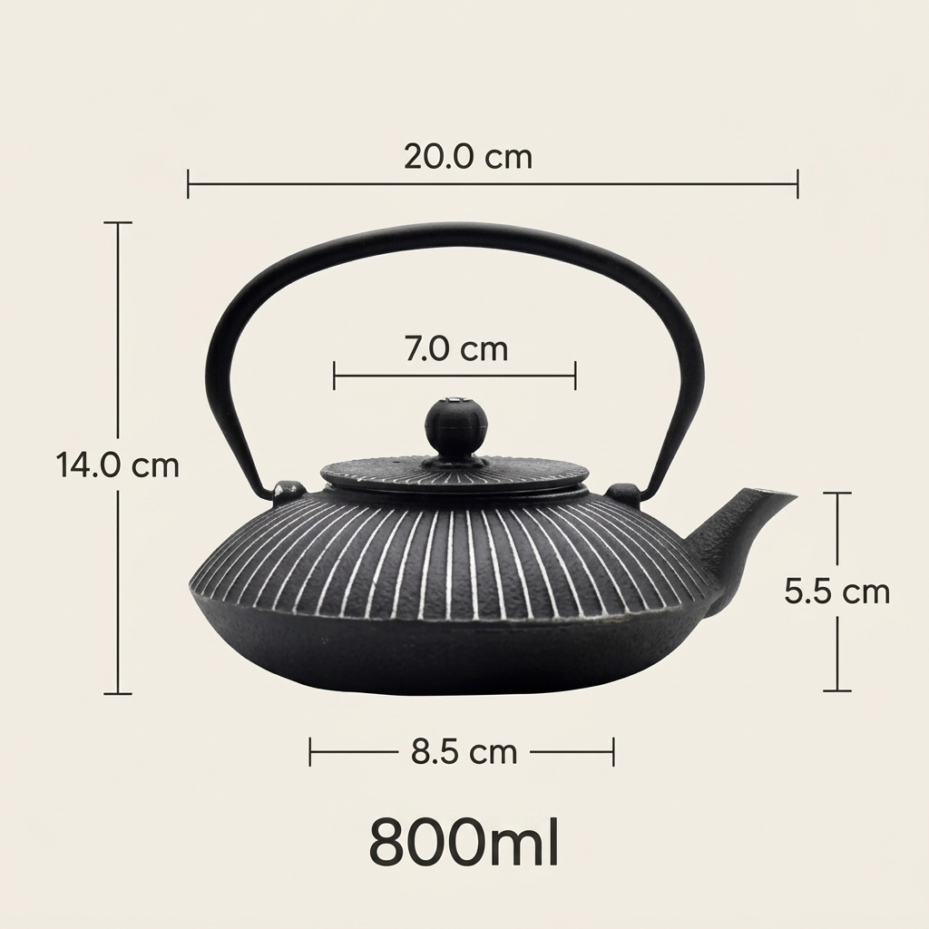 Flat cast iron teapot dimensions: 20 cm wide, 14 cm high, 7 cm opening, 8.5 cm base, 800 ml