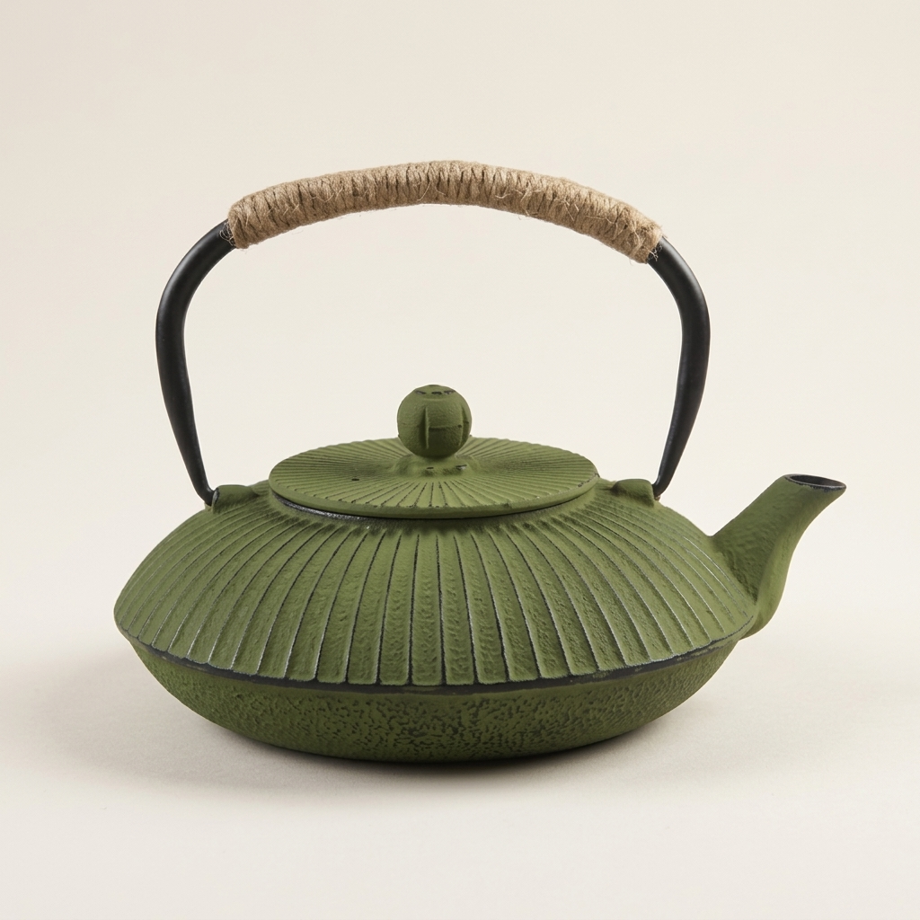 Flat cast iron teapot in green, with a ribbed body and cord-wrapped handle