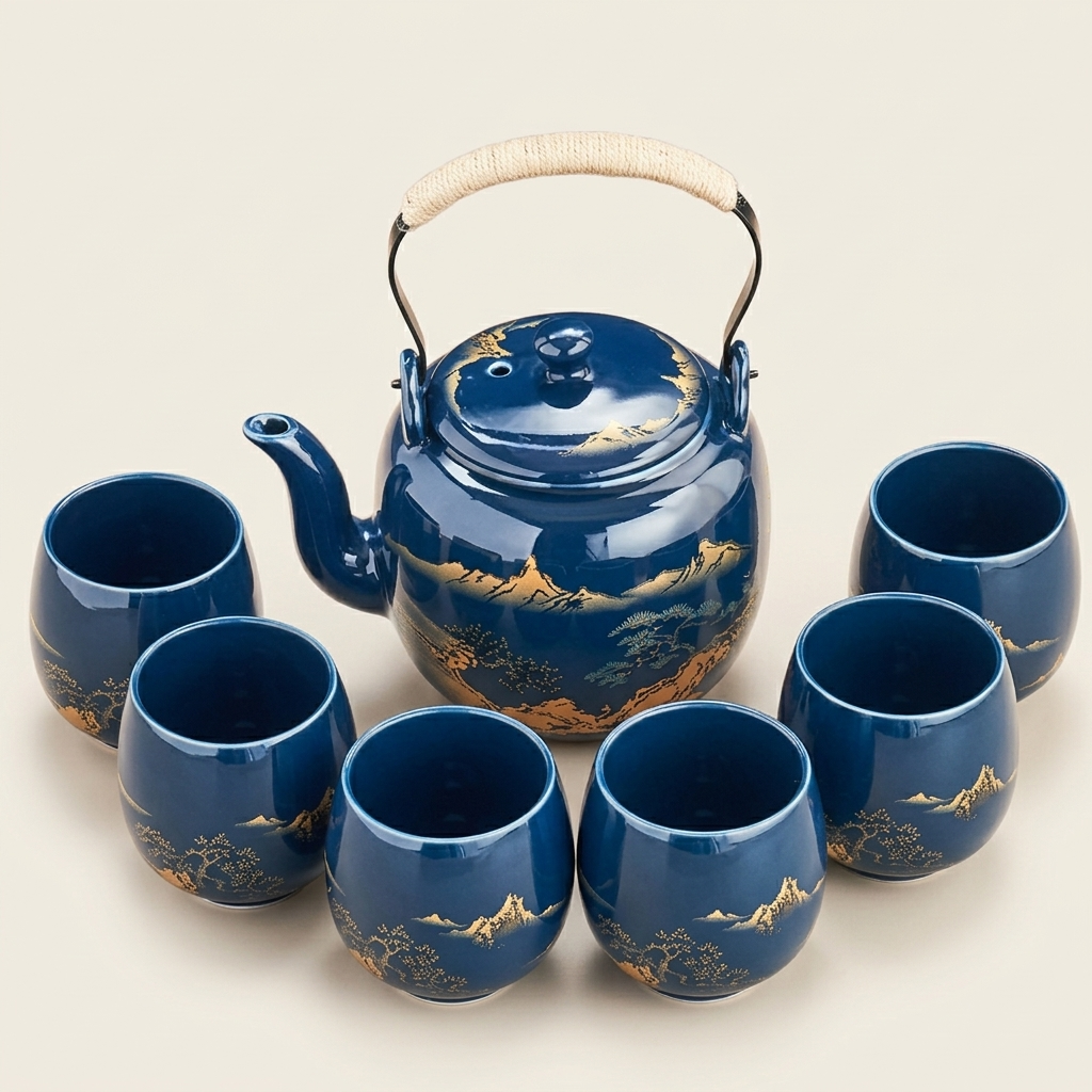 Midnight blue tea set with the gold mountains motif: teapot and six cups on a cream background