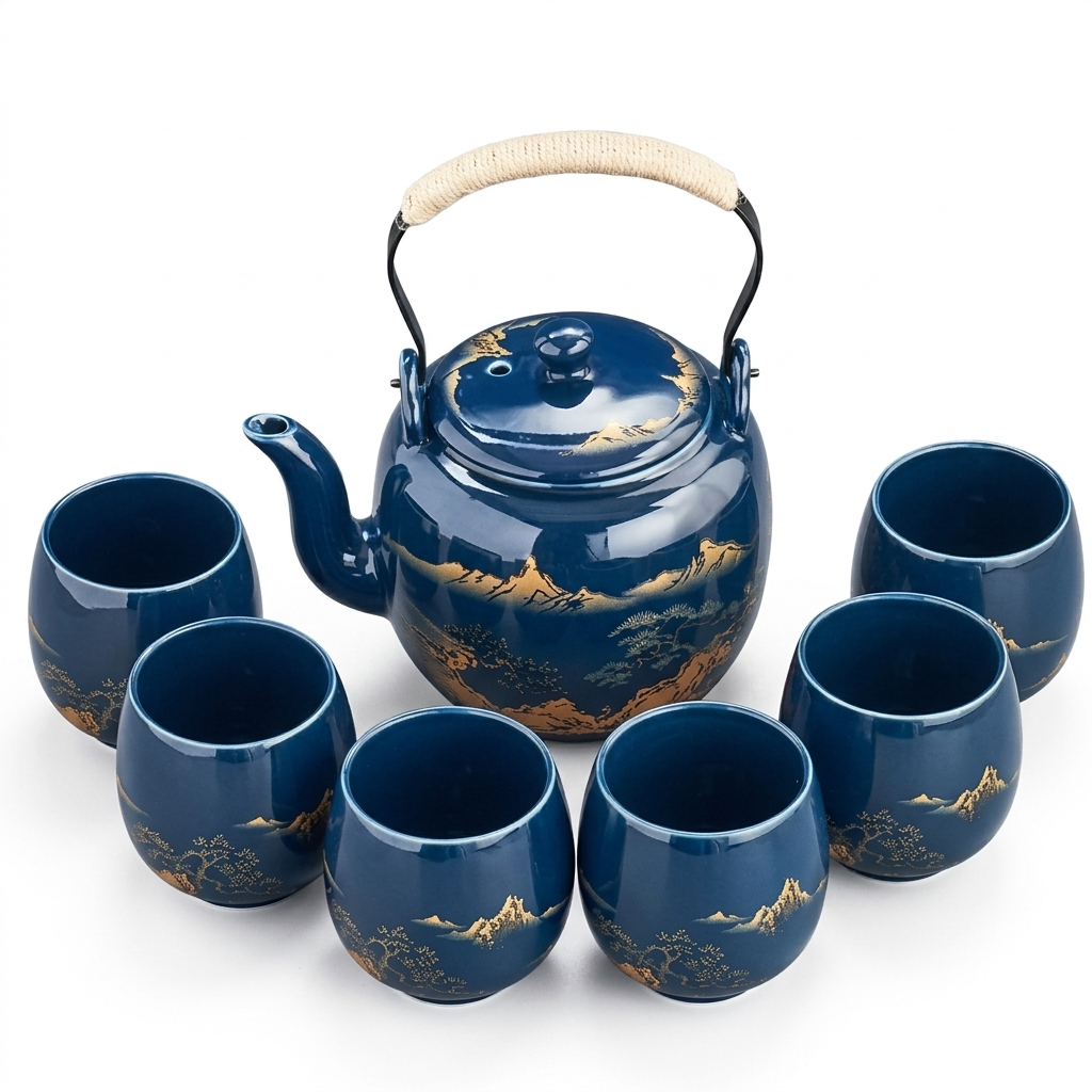 Japanese-inspired tea set in midnight blue: teapot with a rope-wrapped handle and six cups, painted with gold mountain landscapes