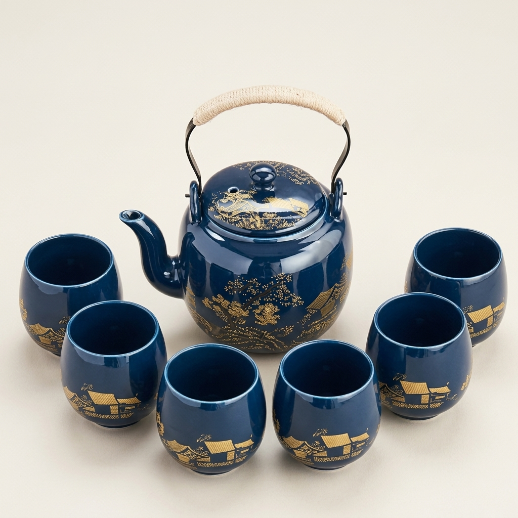 Midnight blue tea set with the gold village motif, showing small houses among trees, on a cream background