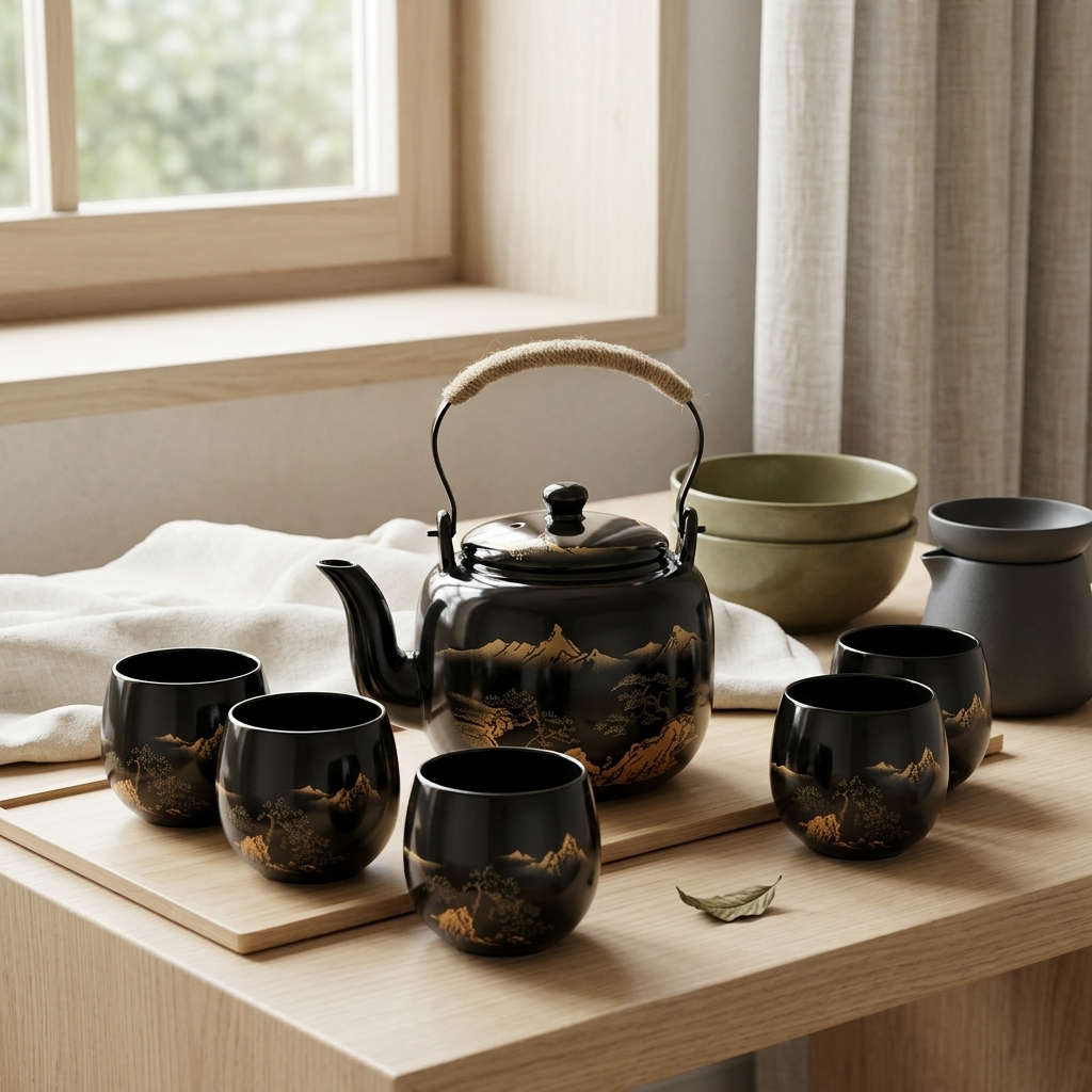 Black tea set on a wooden table by a window, with the teapot and six cups ready to serve