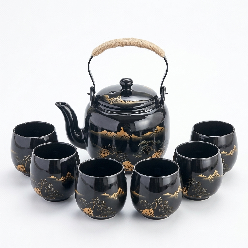 Black tea set with the gold mountains motif: teapot and six cups on a white background