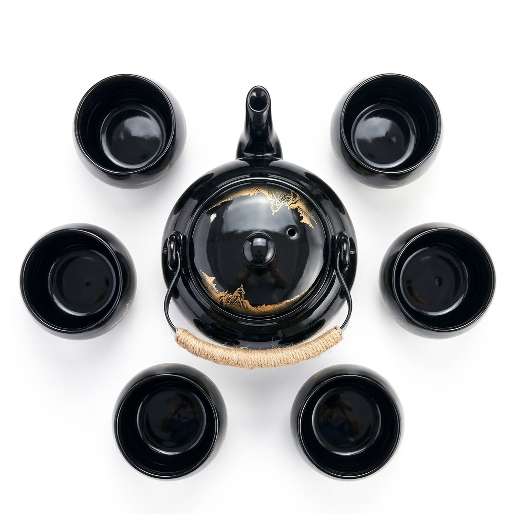 Black tea set seen from above: the teapot in the centre, surrounded by six cups