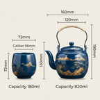 Tea set dimensions: cup 72 mm wide and 72 mm high, 180 ml; teapot 190 mm high including the handle, 820 ml
