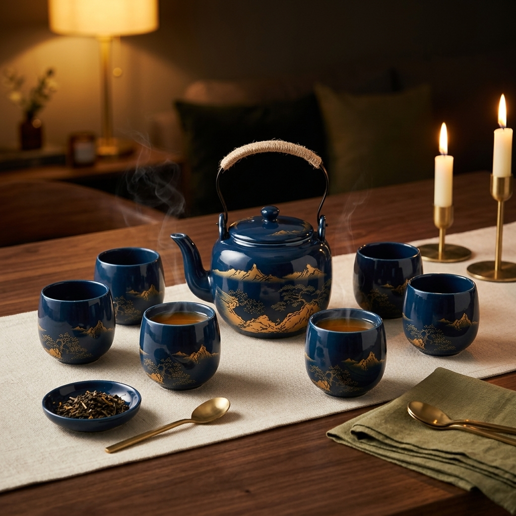 Midnight blue tea set on a table in the evening, lit by candles