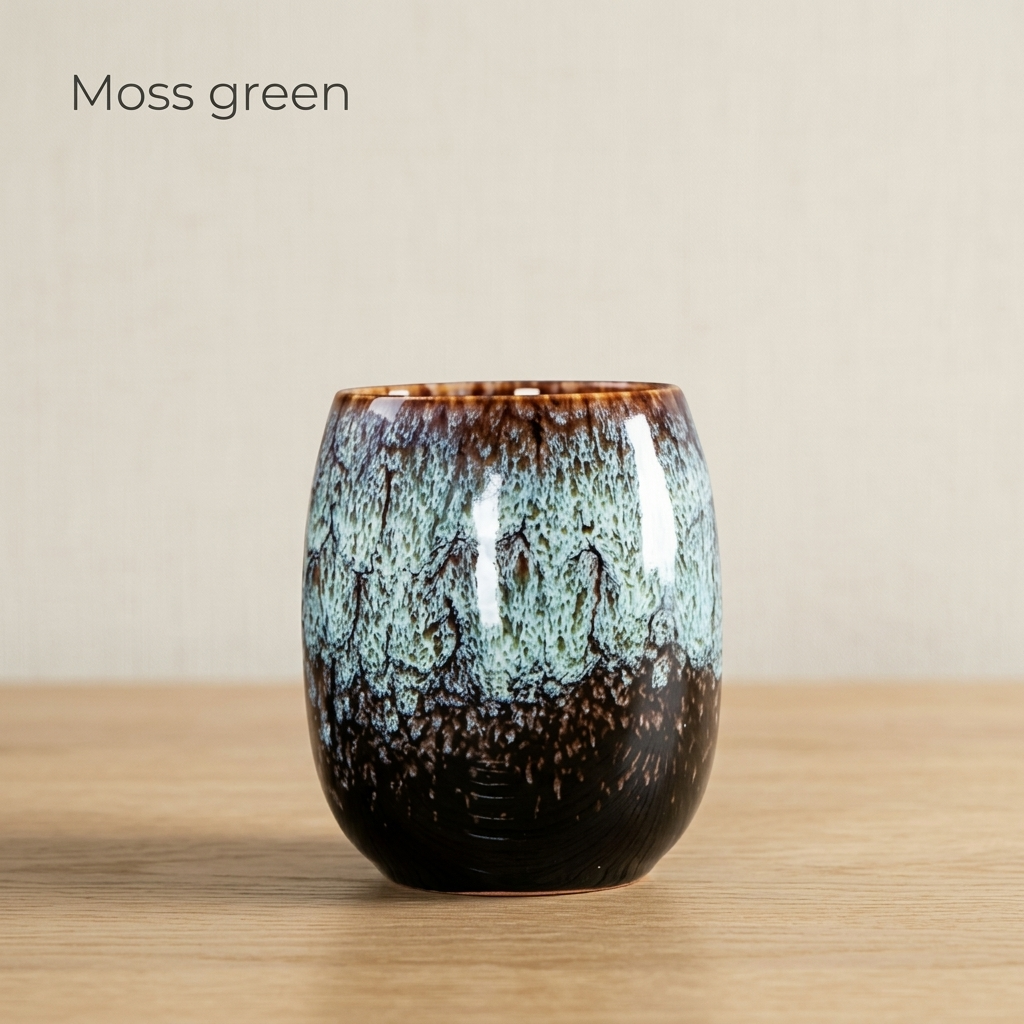 Moss green glazed tea cup without a handle on a light oak table
