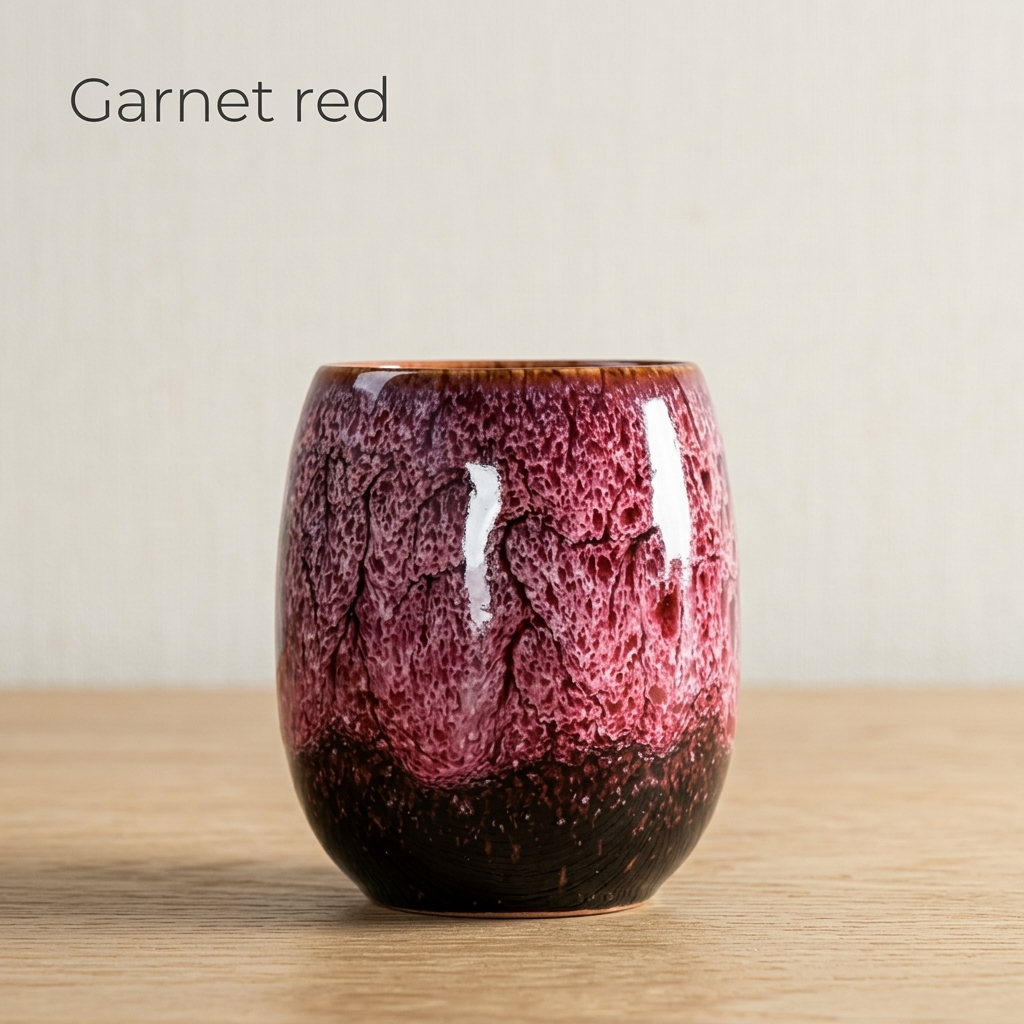 Garnet red glazed tea cup with a speckled deep pink glaze and dark base, on a light oak table