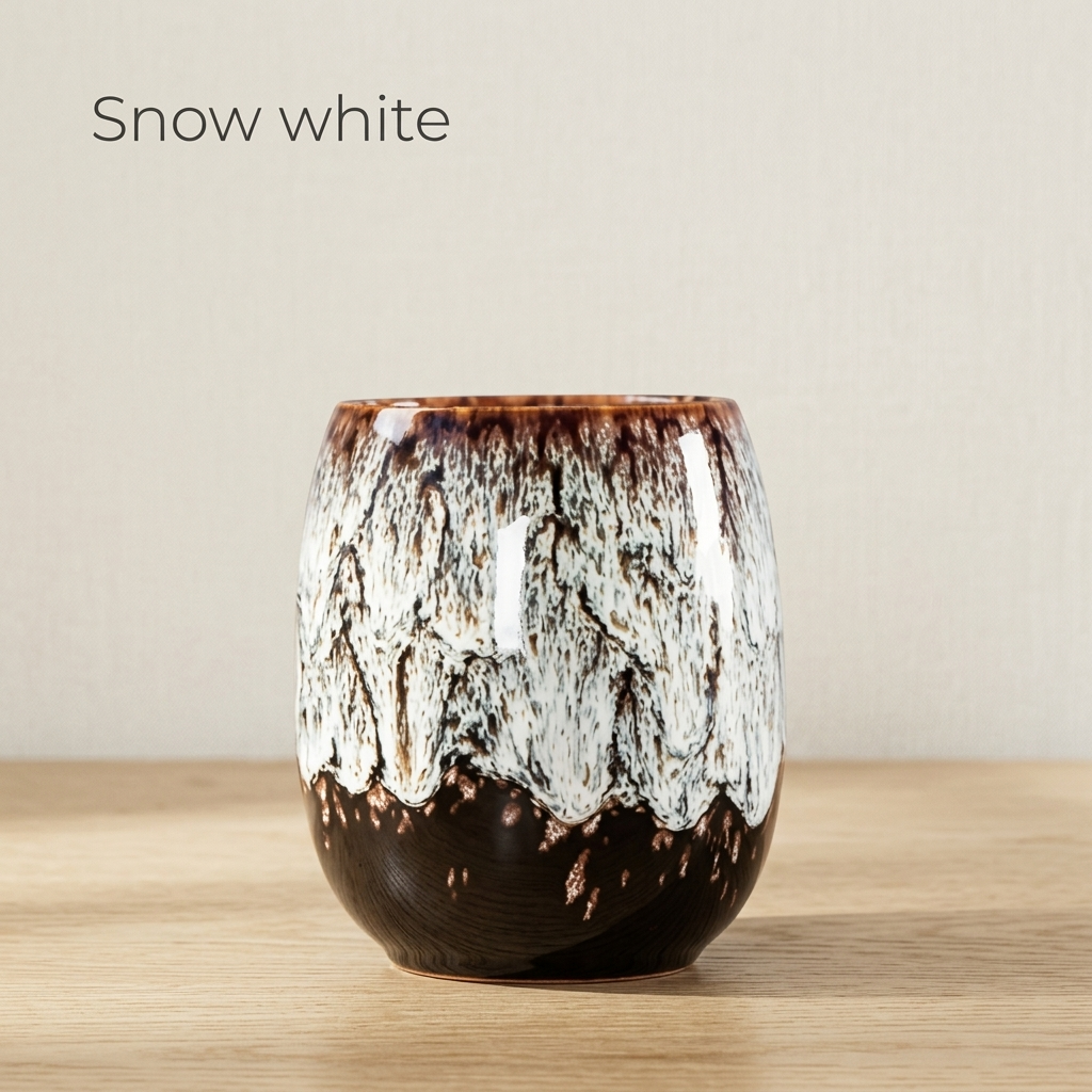 Snow white glazed tea cup, white glaze flowing over a dark brown base, on a light oak table