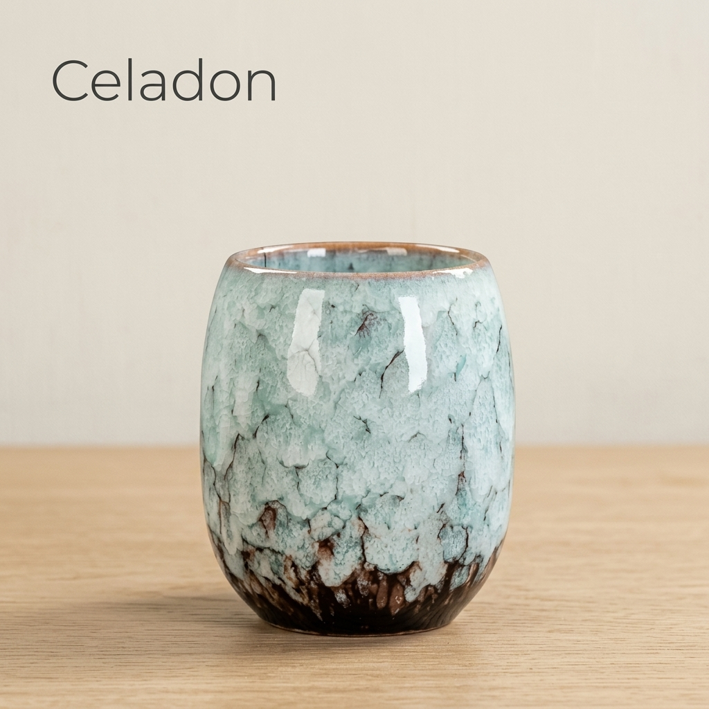 Celadon glazed tea cup in pale green, on a light oak table