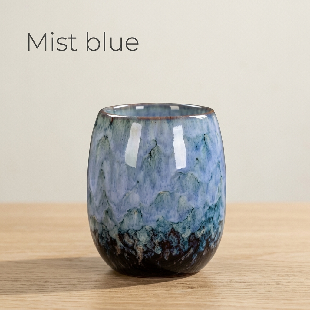 Mist blue glazed tea cup in soft grey-blue, on a light oak table