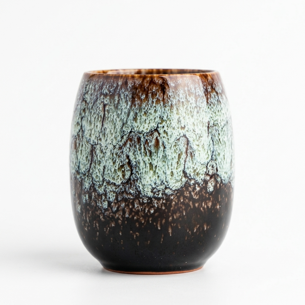 Egg-shaped glazed tea cup in moss green, with a flowing speckled glaze over a dark brown base, front view